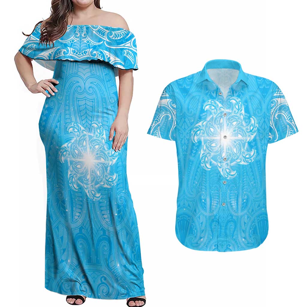 New Zealand Matariki Waiti Couples Matching Off Shoulder Maxi Dress and Hawaiian Shirt Maori Moko Cyan Galaxy