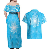 New Zealand Matariki Waiti Couples Matching Off Shoulder Maxi Dress and Hawaiian Shirt Maori Moko Cyan Galaxy