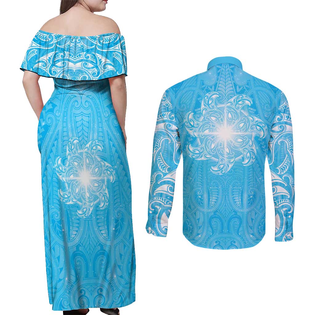 New Zealand Matariki Waiti Couples Matching Off Shoulder Maxi Dress and Long Sleeve Button Shirt Maori Moko Cyan Galaxy LT05 - Polynesian Pride