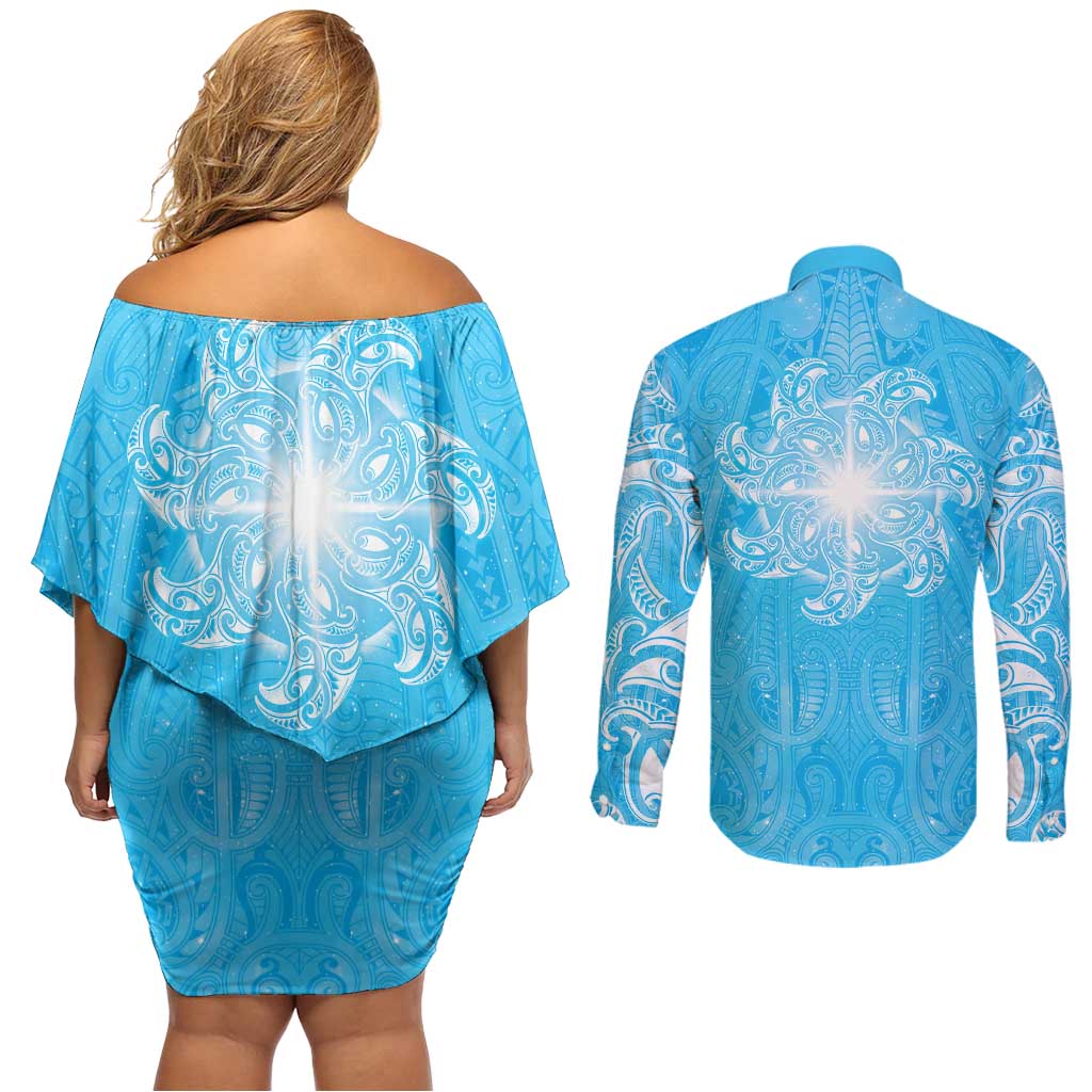 New Zealand Matariki Waiti Couples Matching Off Shoulder Short Dress and Long Sleeve Button Shirt Maori Moko Cyan Galaxy LT05 - Polynesian Pride