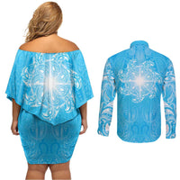 New Zealand Matariki Waiti Couples Matching Off Shoulder Short Dress and Long Sleeve Button Shirt Maori Moko Cyan Galaxy LT05 - Polynesian Pride