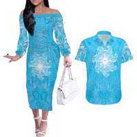 New Zealand Matariki Waiti Couples Matching Off The Shoulder Long Sleeve Dress and Hawaiian Shirt Maori Moko Cyan Galaxy LT05 Cyan - Polynesian Pride