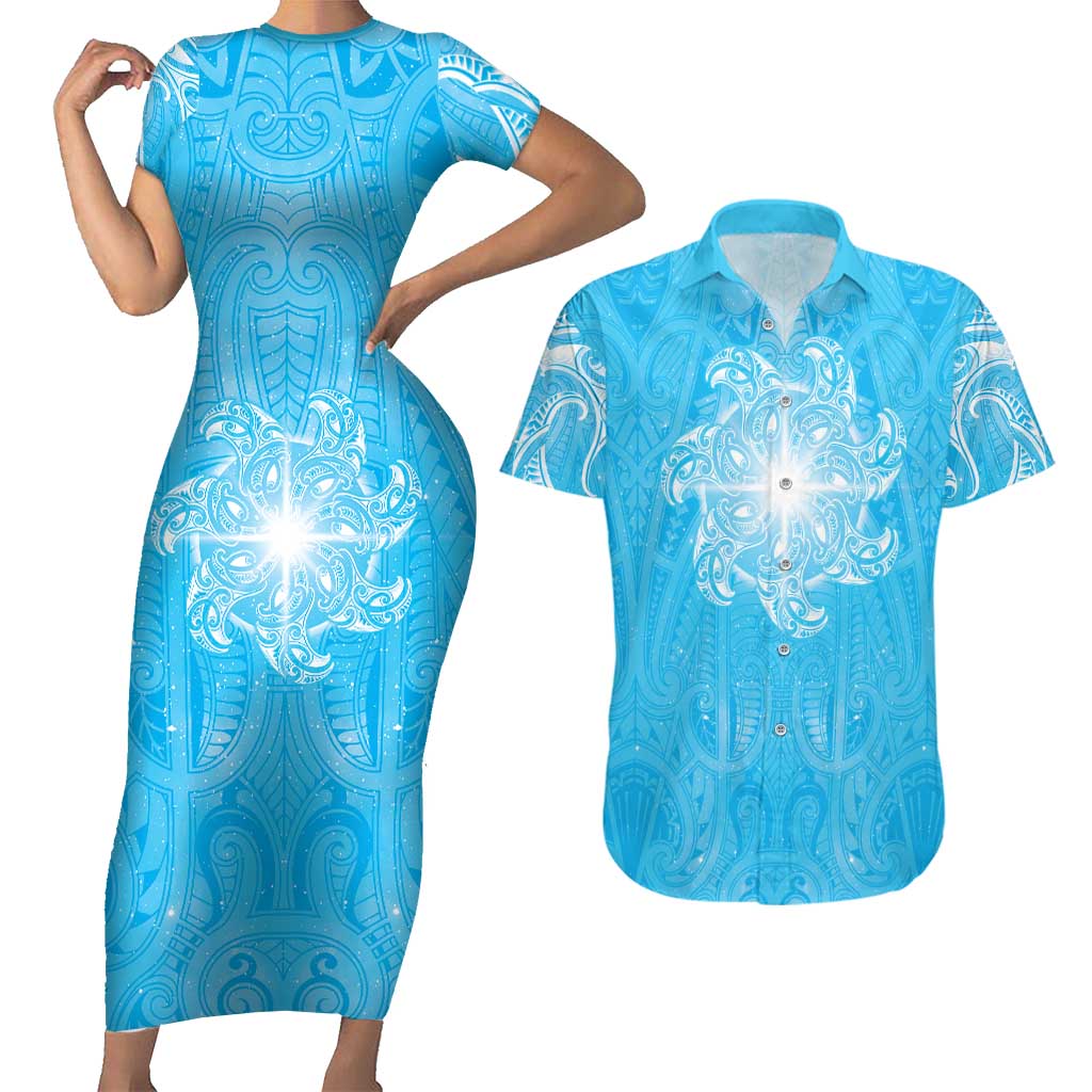 New Zealand Matariki Waiti Couples Matching Short Sleeve Bodycon Dress and Hawaiian Shirt Maori Moko Cyan Galaxy LT05 Cyan - Polynesian Pride
