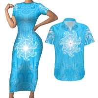 New Zealand Matariki Waiti Couples Matching Short Sleeve Bodycon Dress and Hawaiian Shirt Maori Moko Cyan Galaxy LT05 Cyan - Polynesian Pride