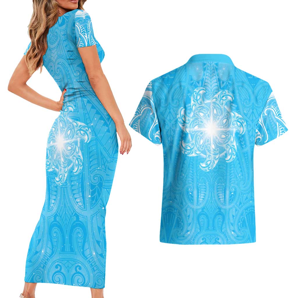 New Zealand Matariki Waiti Couples Matching Short Sleeve Bodycon Dress and Hawaiian Shirt Maori Moko Cyan Galaxy LT05 - Polynesian Pride