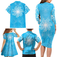 New Zealand Matariki Waiti Family Matching Long Sleeve Bodycon Dress and Hawaiian Shirt Maori Moko Cyan Galaxy LT05 - Polynesian Pride
