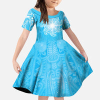 New Zealand Matariki Waiti Family Matching Off The Shoulder Long Sleeve Dress and Hawaiian Shirt Maori Moko Cyan Galaxy LT05 Daughter's Dress Cyan - Polynesian Pride