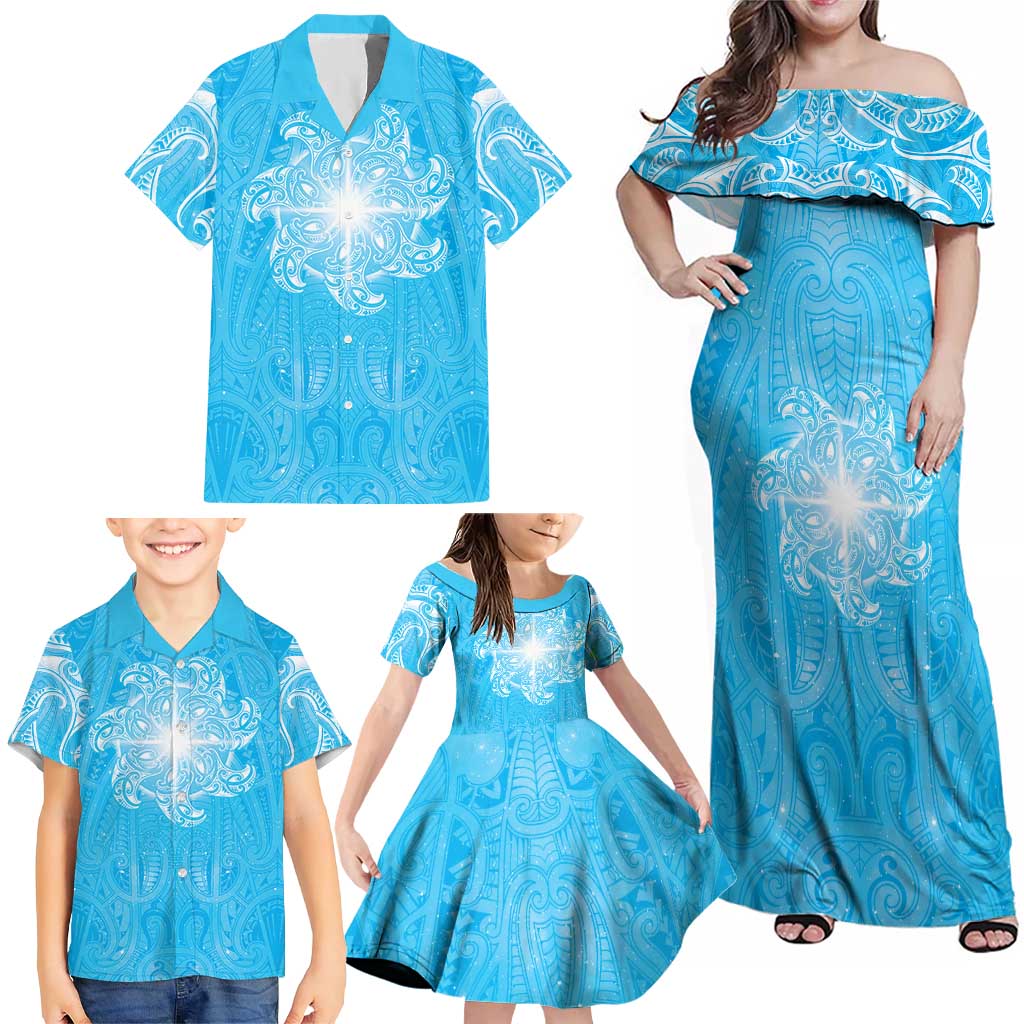 New Zealand Matariki Waiti Family Matching Off Shoulder Maxi Dress and Hawaiian Shirt Maori Moko Cyan Galaxy LT05 - Polynesian Pride