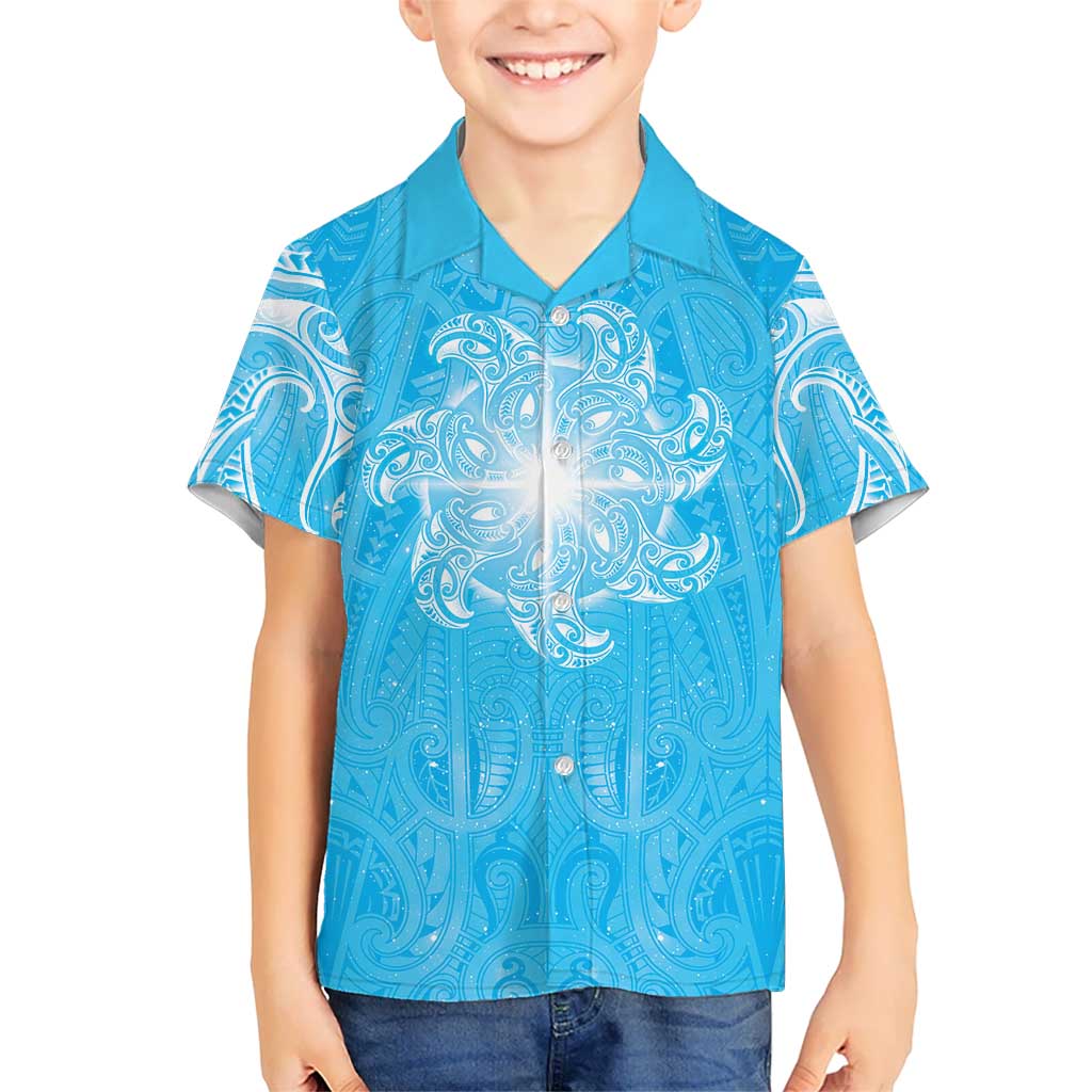 New Zealand Matariki Waiti Family Matching Off Shoulder Maxi Dress and Hawaiian Shirt Maori Moko Cyan Galaxy LT05 Son's Shirt Cyan - Polynesian Pride