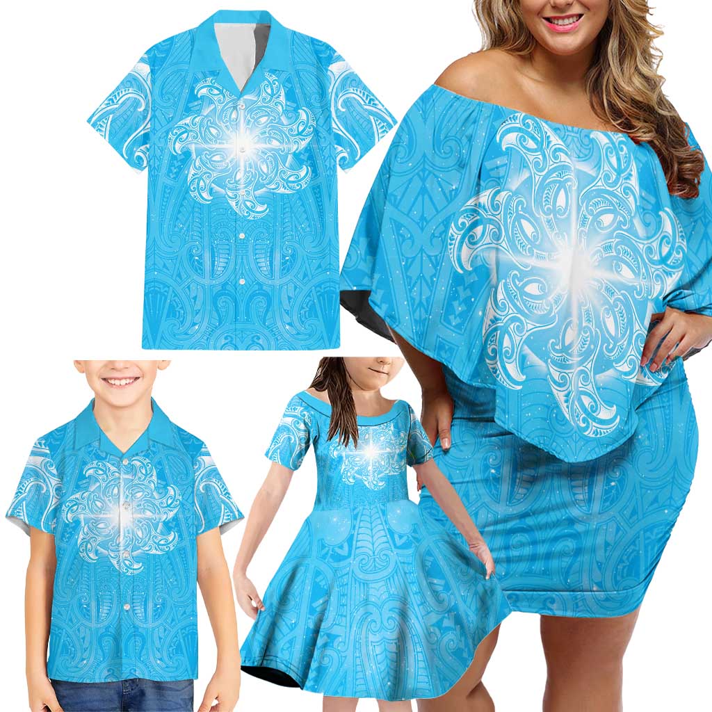 New Zealand Matariki Waiti Family Matching Off Shoulder Short Dress and Hawaiian Shirt Maori Moko Cyan Galaxy LT05 - Polynesian Pride