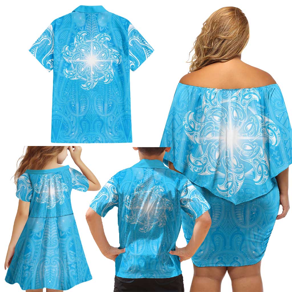 New Zealand Matariki Waiti Family Matching Off Shoulder Short Dress and Hawaiian Shirt Maori Moko Cyan Galaxy LT05 - Polynesian Pride