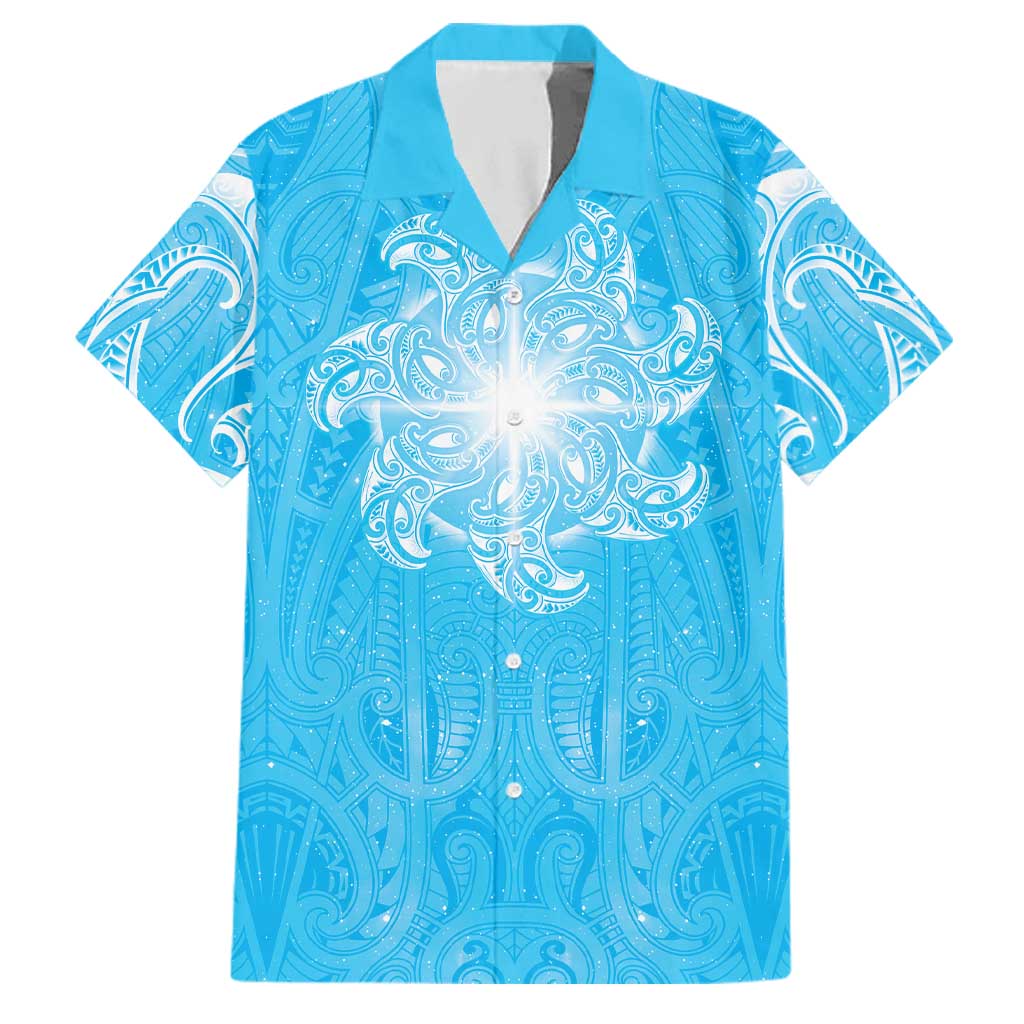 New Zealand Matariki Waiti Family Matching Tank Maxi Dress and Hawaiian Shirt Maori Moko Cyan Galaxy LT05 Dad's Shirt - Short Sleeve Cyan - Polynesian Pride