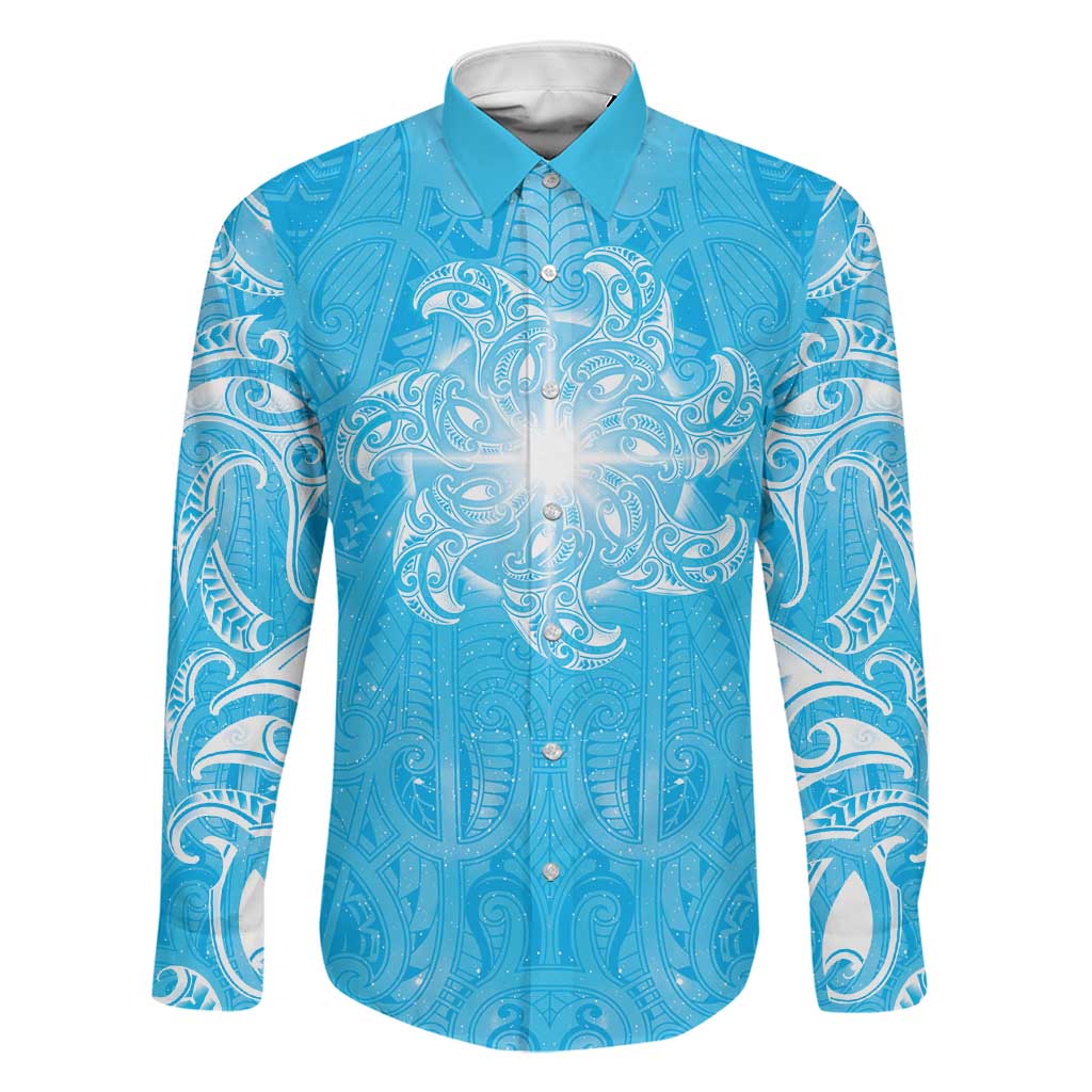 New Zealand Matariki Waiti Family Matching Tank Maxi Dress and Hawaiian Shirt Maori Moko Cyan Galaxy LT05 Dad's Shirt - Long Sleeve Cyan - Polynesian Pride