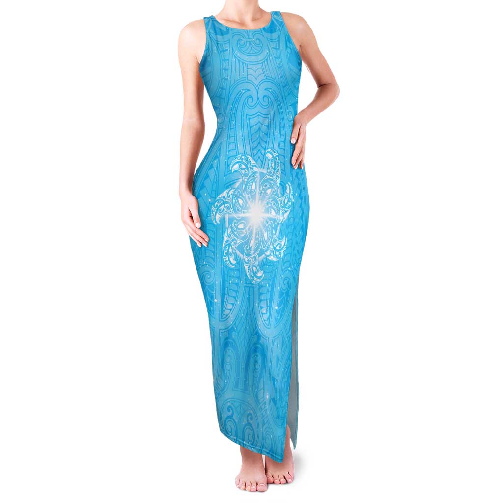 New Zealand Matariki Waiti Family Matching Tank Maxi Dress and Hawaiian Shirt Maori Moko Cyan Galaxy LT05 Mom's Dress Cyan - Polynesian Pride