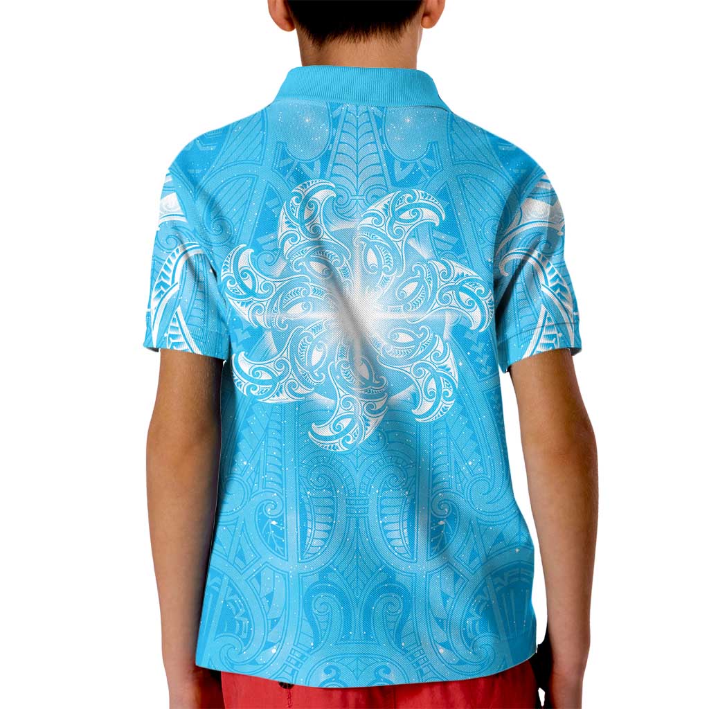 New Zealand Matariki Waiti Kid Polo Shirt Maori Moko Cyan Galaxy LT05 - Polynesian Pride