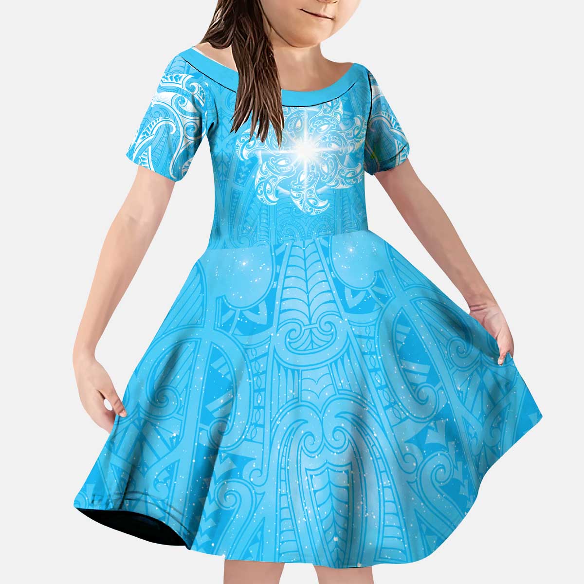 New Zealand Matariki Waiti Kid Short Sleeve Dress Maori Moko Cyan Galaxy LT05 KID Cyan - Polynesian Pride