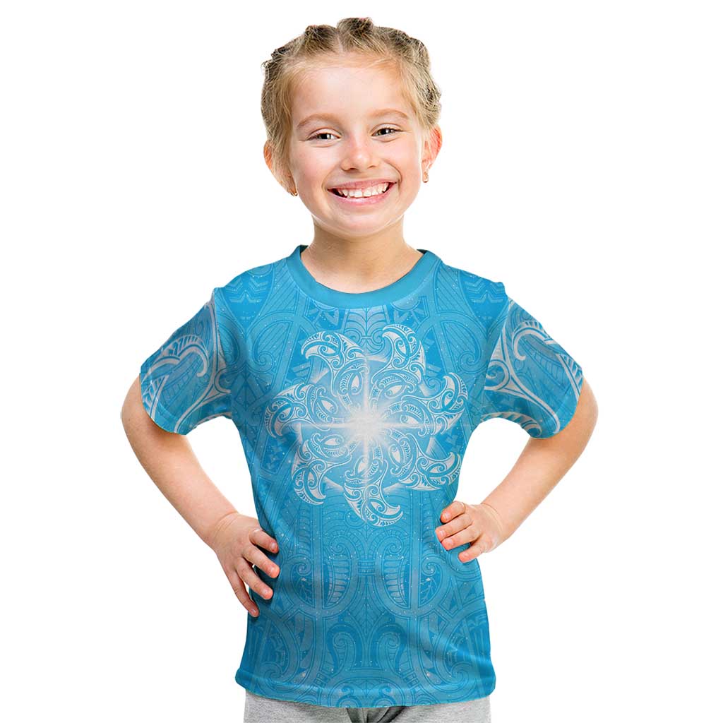 New Zealand Matariki Waiti Kid T Shirt Maori Moko Cyan Galaxy LT05 Cyan - Polynesian Pride