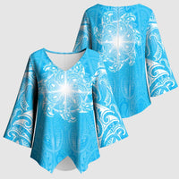 New Zealand Matariki Waiti Kimono Sleeve Blouse Maori Moko Cyan Galaxy