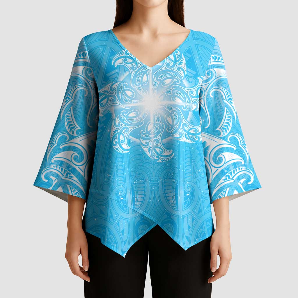 New Zealand Matariki Waiti Kimono Sleeve Blouse Maori Moko Cyan Galaxy