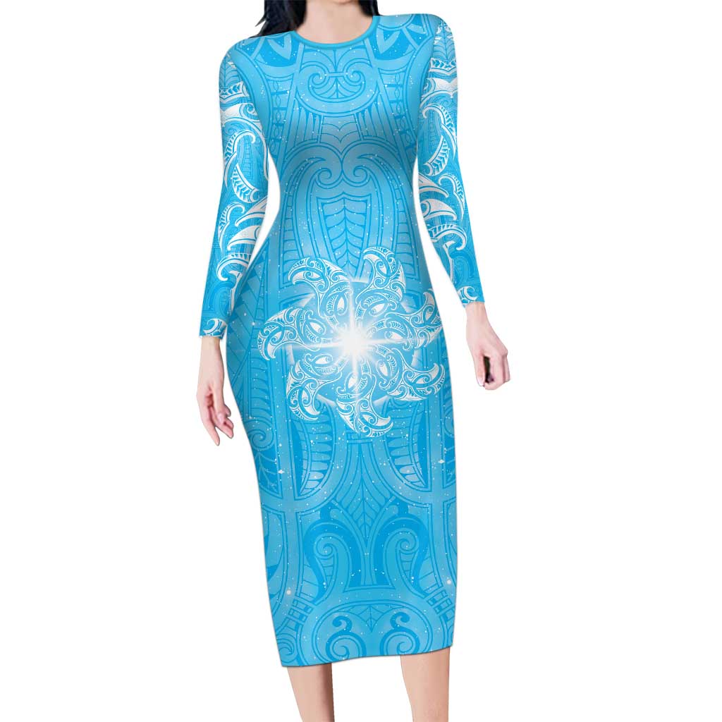 New Zealand Matariki Waiti Long Sleeve Bodycon Dress Maori Moko Cyan Galaxy LT05 Long Dress Cyan - Polynesian Pride