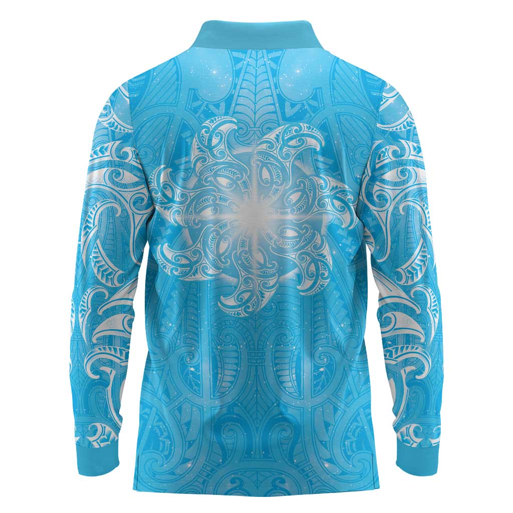 New Zealand Matariki Waiti Long Sleeve Polo Shirt Maori Moko Cyan Galaxy LT05 - Polynesian Pride