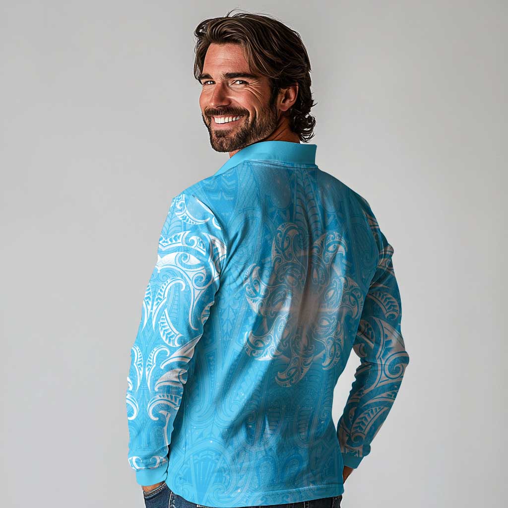 New Zealand Matariki Waiti Long Sleeve Polo Shirt Maori Moko Cyan Galaxy LT05 - Polynesian Pride