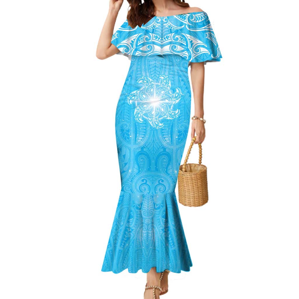 New Zealand Matariki Waiti Mermaid Dress Maori Moko Cyan Galaxy LT05 Women Cyan - Polynesian Pride