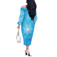 New Zealand Matariki Waiti Off The Shoulder Long Sleeve Dress Maori Moko Cyan Galaxy LT05 - Polynesian Pride
