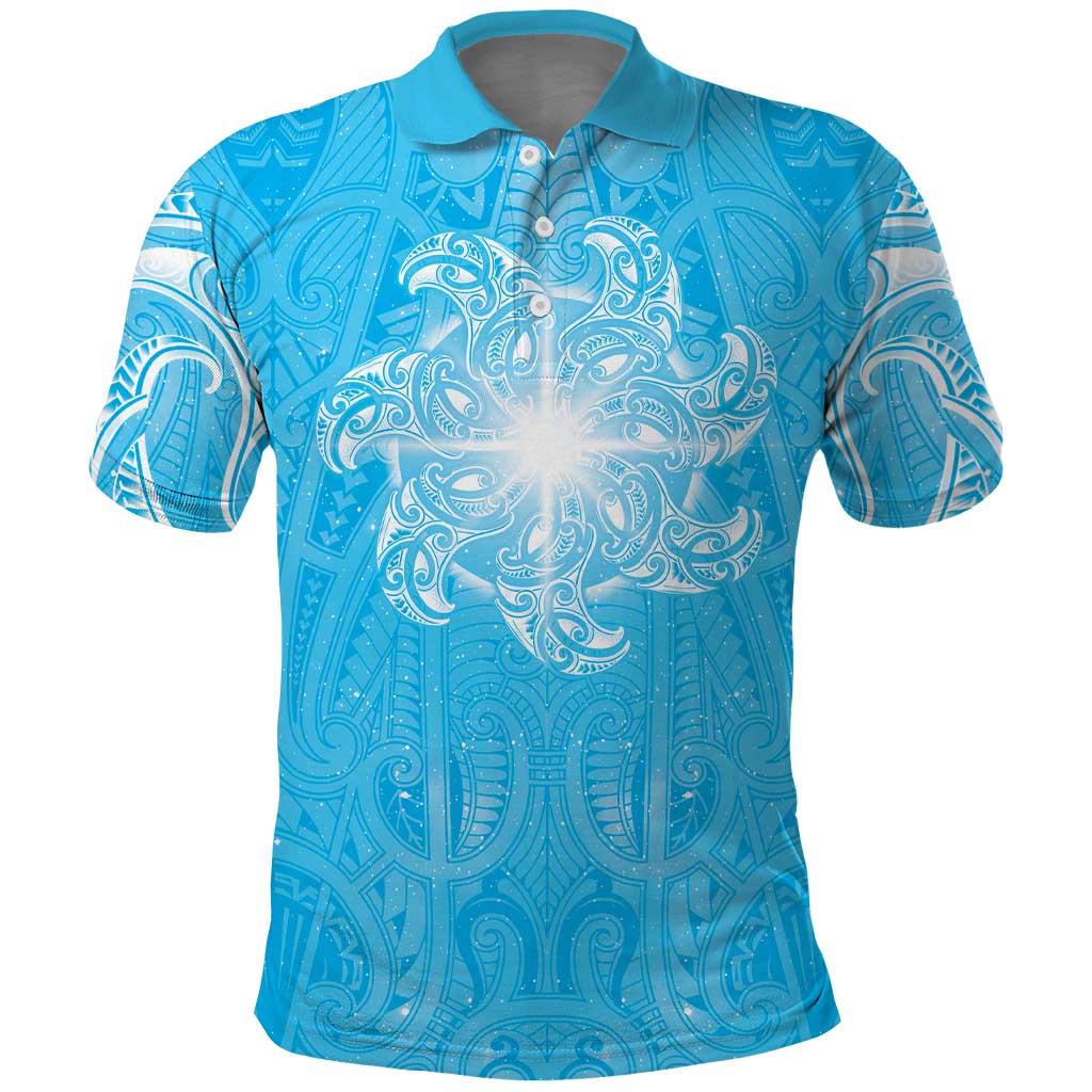 New Zealand Matariki Waiti Polo Shirt Maori Moko Cyan Galaxy