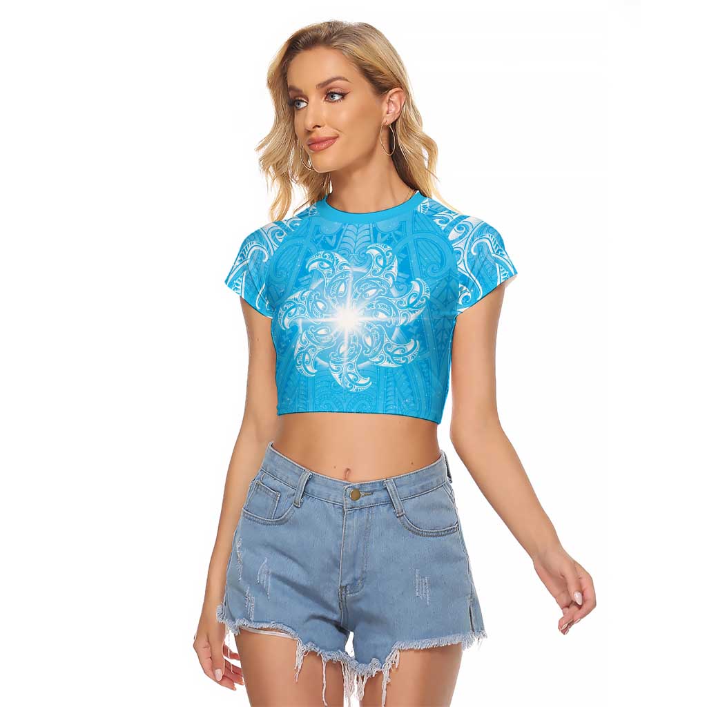 New Zealand Matariki Waiti Raglan Cropped T Shirt Maori Moko Cyan Galaxy LT05 Female Cyan - Polynesian Pride