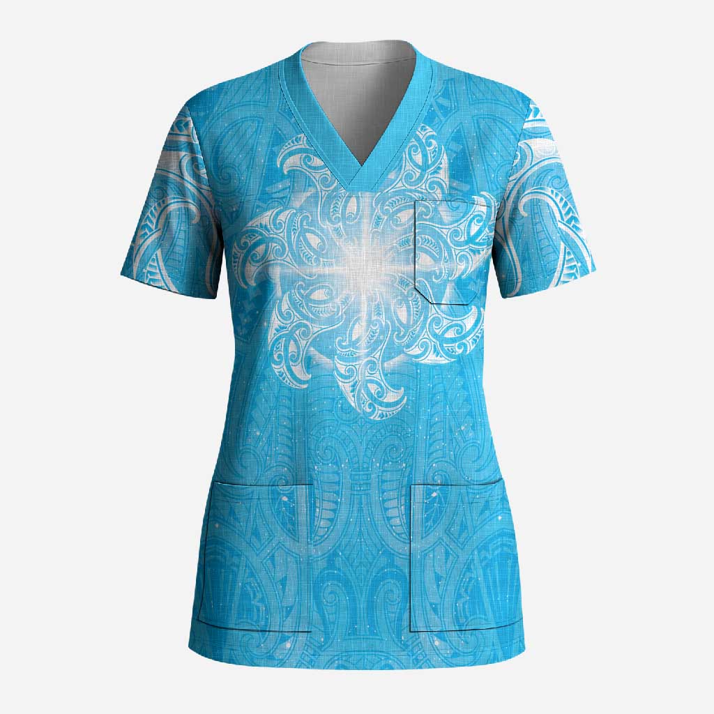 New Zealand Matariki Waiti Scrub Top Maori Moko Cyan Galaxy LT05 Adult Cyan - Polynesian Pride