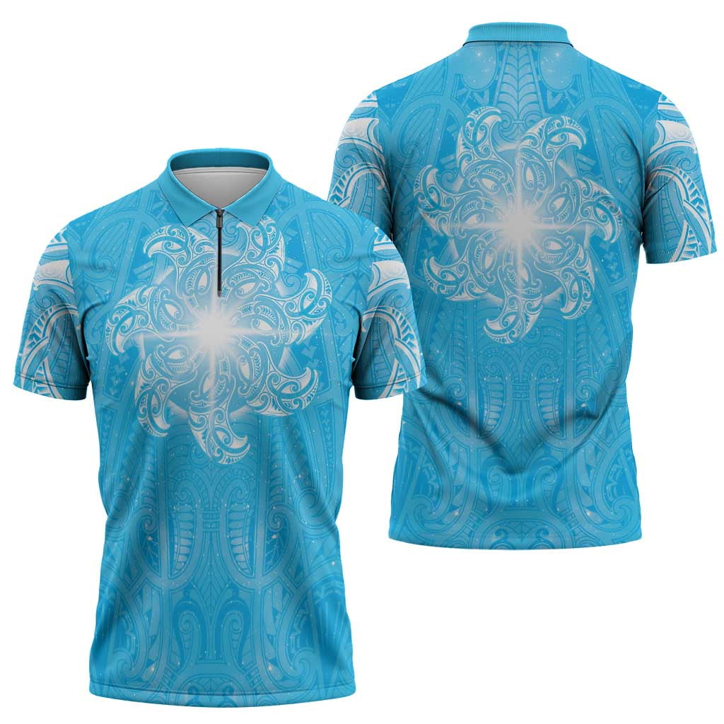 New Zealand Matariki Waiti Zipper Polo Shirt Maori Moko Cyan Galaxy LT05 - Polynesian Pride