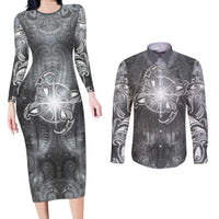 New Zealand Matariki Ururangi Couples Matching Long Sleeve Bodycon Dress and Long Sleeve Button Shirt Maori Moko Grey Galaxy