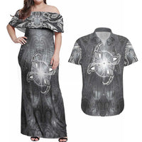 New Zealand Matariki Ururangi Couples Matching Off Shoulder Maxi Dress and Hawaiian Shirt Maori Moko Grey Galaxy