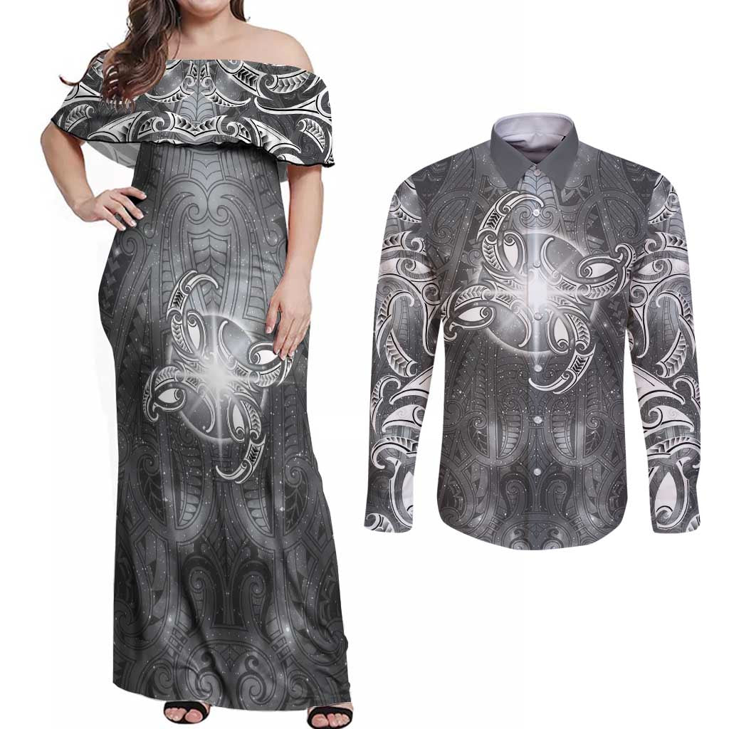 New Zealand Matariki Ururangi Couples Matching Off Shoulder Maxi Dress and Long Sleeve Button Shirt Maori Moko Grey Galaxy LT05 Grey - Polynesian Pride