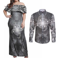 New Zealand Matariki Ururangi Couples Matching Off Shoulder Maxi Dress and Long Sleeve Button Shirt Maori Moko Grey Galaxy LT05 Grey - Polynesian Pride