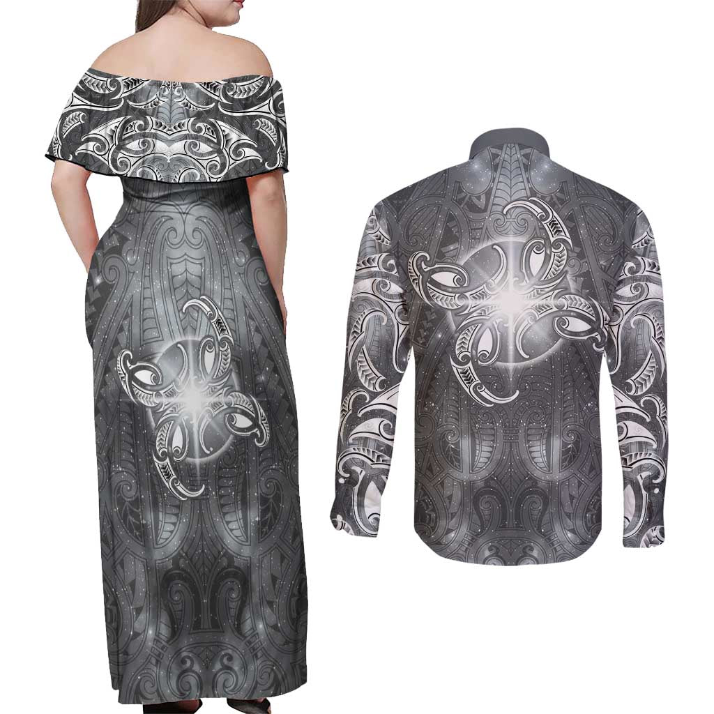 New Zealand Matariki Ururangi Couples Matching Off Shoulder Maxi Dress and Long Sleeve Button Shirt Maori Moko Grey Galaxy LT05 - Polynesian Pride