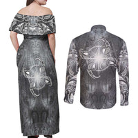 New Zealand Matariki Ururangi Couples Matching Off Shoulder Maxi Dress and Long Sleeve Button Shirt Maori Moko Grey Galaxy LT05 - Polynesian Pride