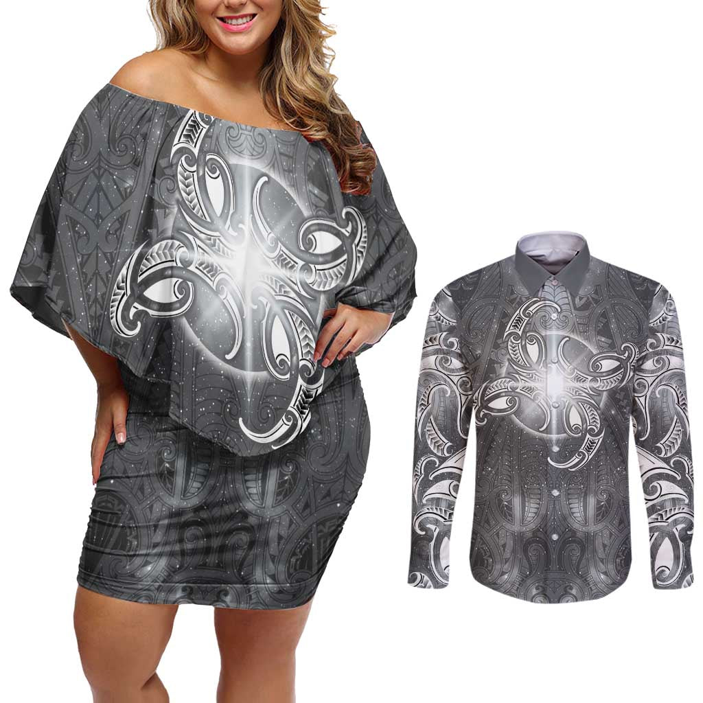 New Zealand Matariki Ururangi Couples Matching Off Shoulder Short Dress and Long Sleeve Button Shirt Maori Moko Grey Galaxy LT05 Grey - Polynesian Pride