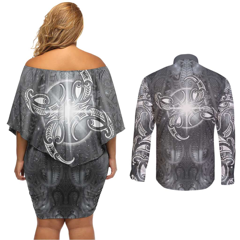 New Zealand Matariki Ururangi Couples Matching Off Shoulder Short Dress and Long Sleeve Button Shirt Maori Moko Grey Galaxy LT05 - Polynesian Pride