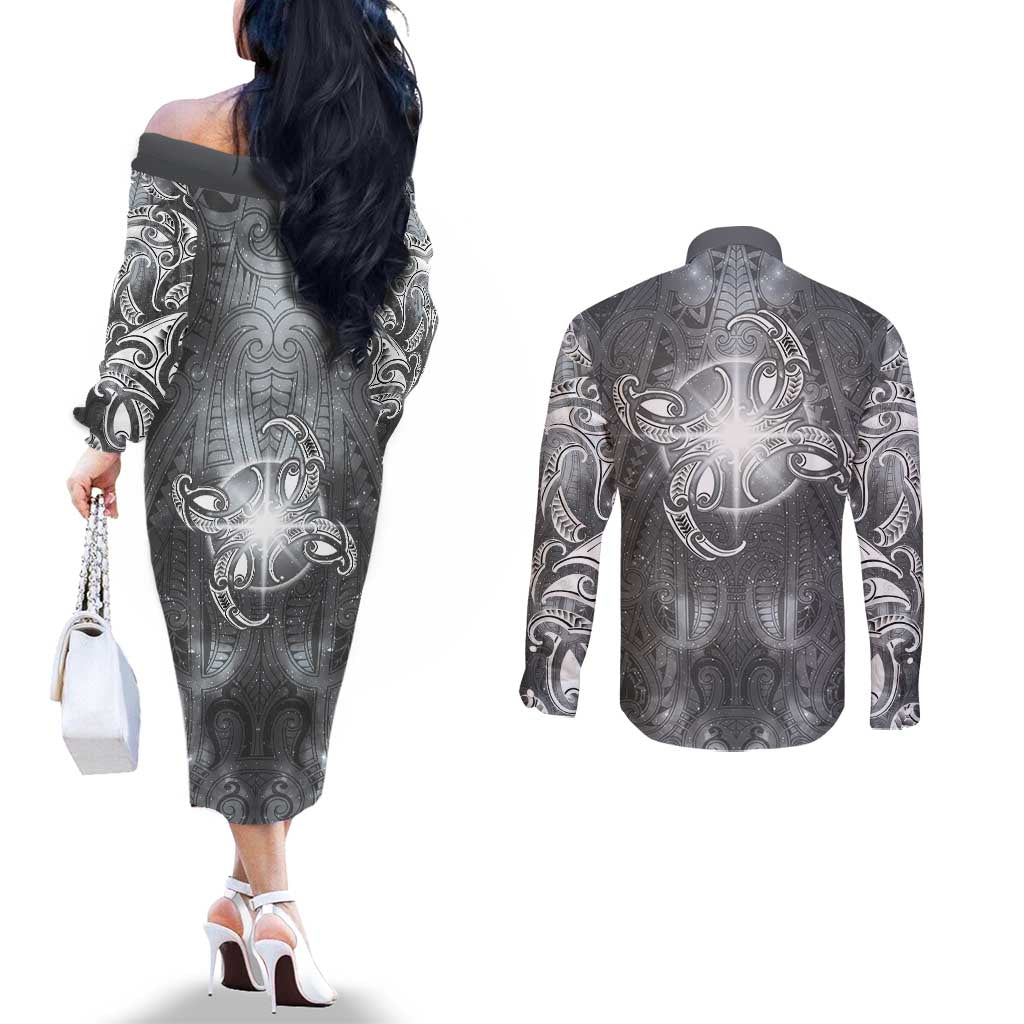 New Zealand Matariki Ururangi Couples Matching Off The Shoulder Long Sleeve Dress and Long Sleeve Button Shirt Maori Moko Grey Galaxy