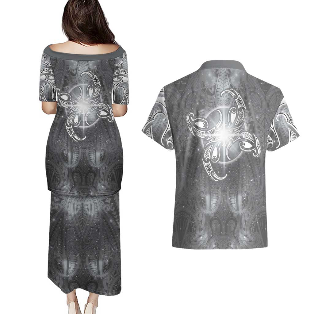 New Zealand Matariki Ururangi Couples Matching Puletasi and Hawaiian Shirt Maori Moko Grey Galaxy LT05 - Polynesian Pride