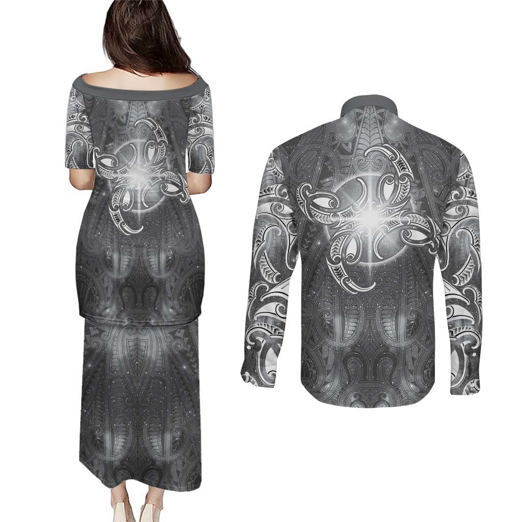 New Zealand Matariki Ururangi Couples Matching Puletasi and Long Sleeve Button Shirt Maori Moko Grey Galaxy LT05 - Polynesian Pride