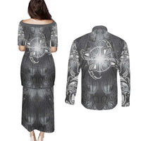 New Zealand Matariki Ururangi Couples Matching Puletasi and Long Sleeve Button Shirt Maori Moko Grey Galaxy LT05 - Polynesian Pride