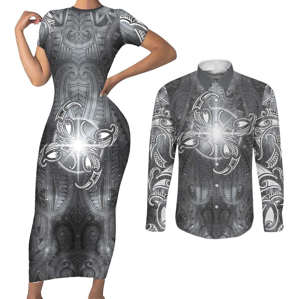 New Zealand Matariki Ururangi Couples Matching Short Sleeve Bodycon Dress and Long Sleeve Button Shirt Maori Moko Grey Galaxy LT05 Grey - Polynesian Pride