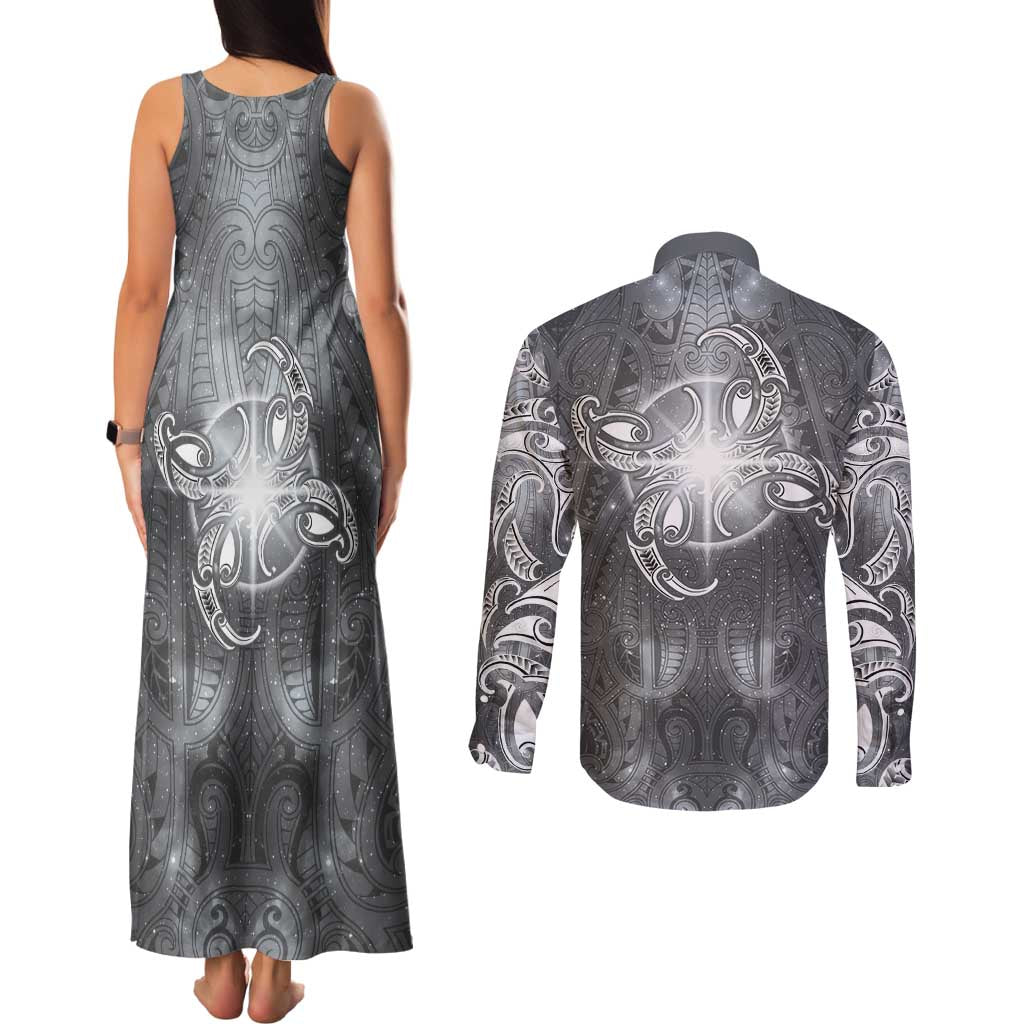 New Zealand Matariki Ururangi Couples Matching Tank Maxi Dress and Long Sleeve Button Shirt Maori Moko Grey Galaxy
