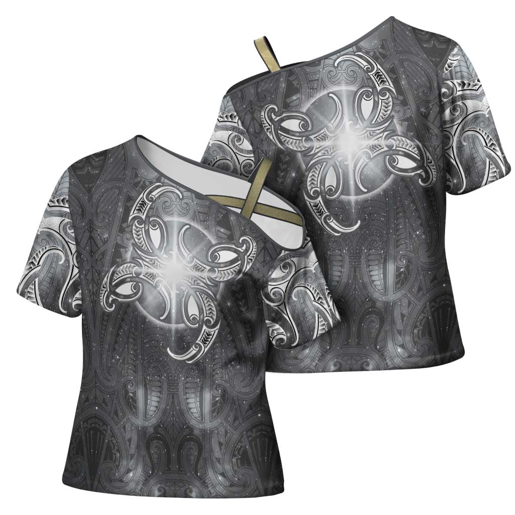 New Zealand Matariki Ururangi Cross Shoulder Shirt Maori Moko Grey Galaxy LT05 - Polynesian Pride