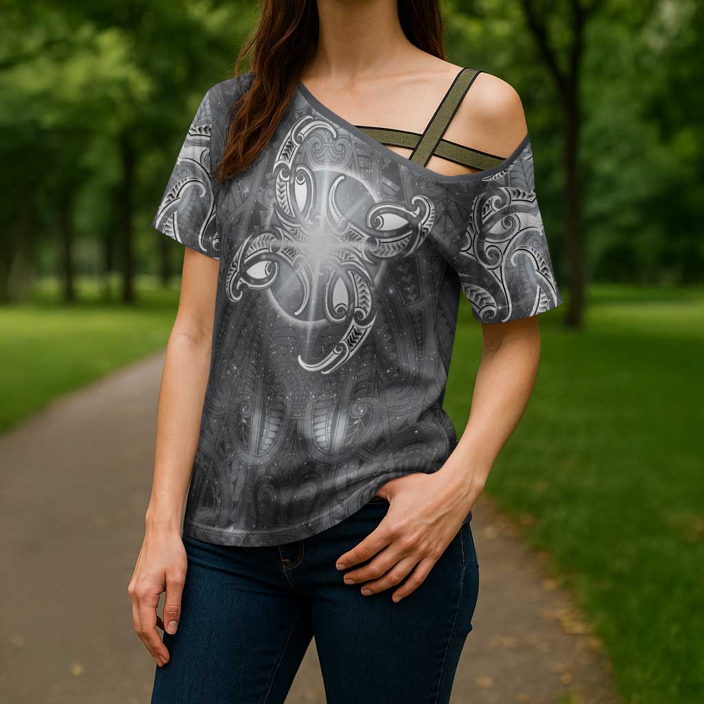 New Zealand Matariki Ururangi Cross Shoulder Shirt Maori Moko Grey Galaxy LT05 - Polynesian Pride