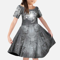 New Zealand Matariki Ururangi Family Matching Off The Shoulder Long Sleeve Dress and Hawaiian Shirt Maori Moko Grey Galaxy LT05 Daughter's Dress Grey - Polynesian Pride