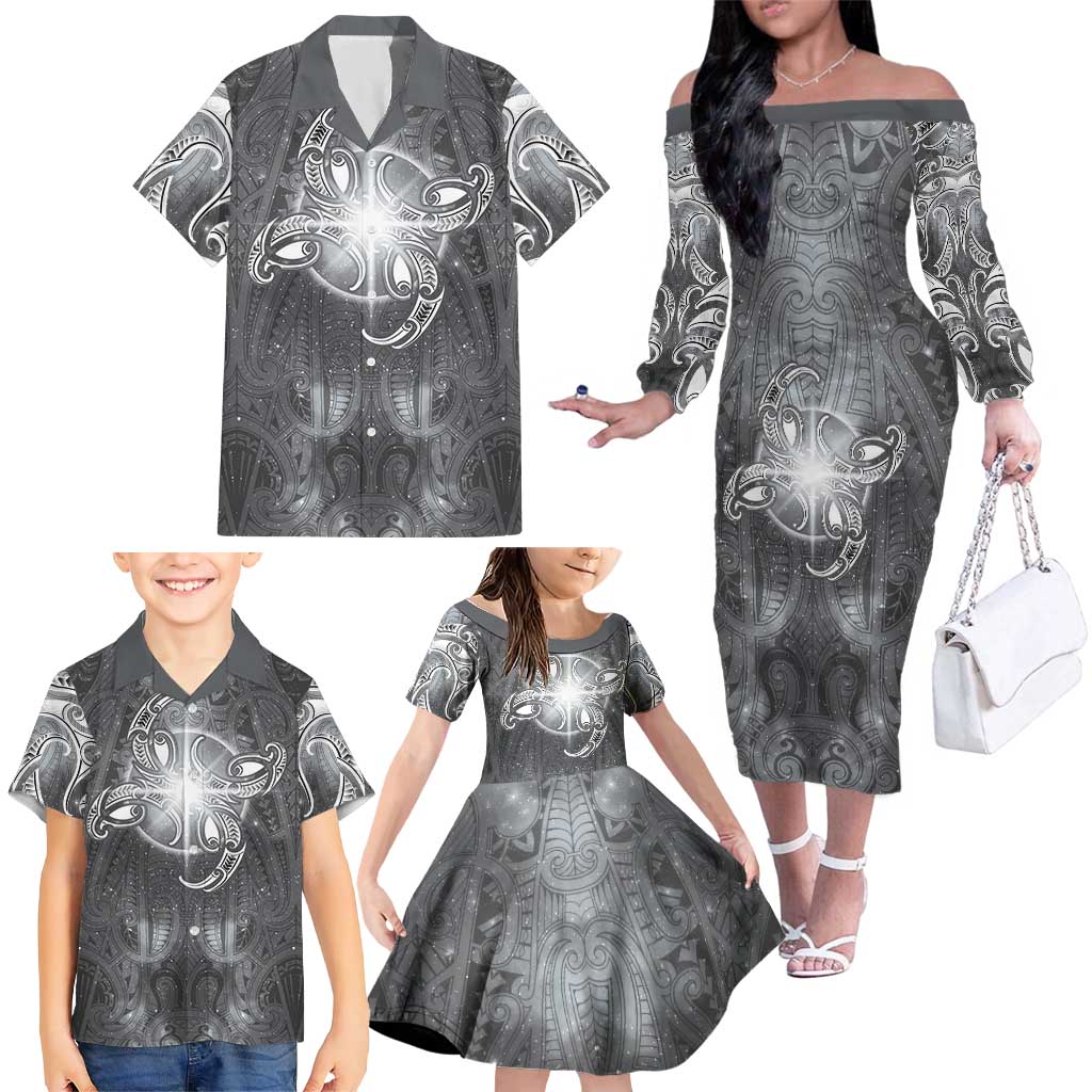 New Zealand Matariki Ururangi Family Matching Off The Shoulder Long Sleeve Dress and Hawaiian Shirt Maori Moko Grey Galaxy LT05 - Polynesian Pride